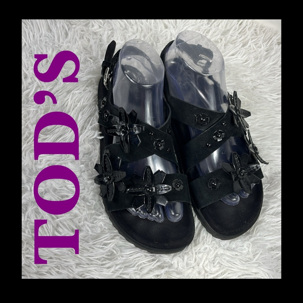 TOD’S Stylish Black Sandals with Floral Accents
